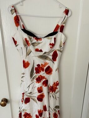Reformation Bekki Linen White Floral Midi Dress with Red Flowers